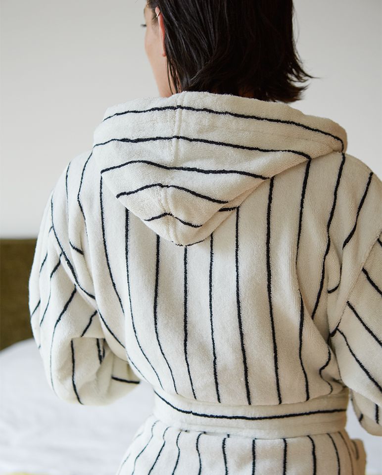 Peignoir à capuche éponge - Blanc rayé Noir