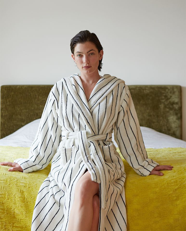 Peignoir à capuche éponge - Blanc rayé Noir