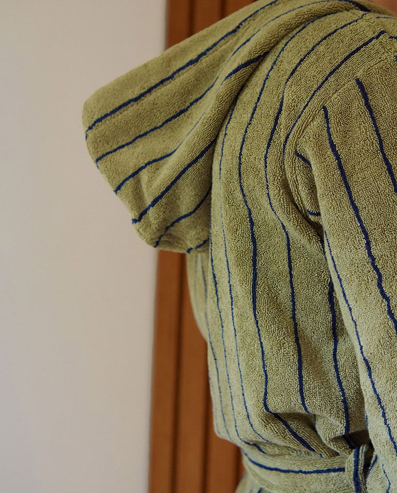 Peignoir à capuche éponge - Vert rayé Bleu