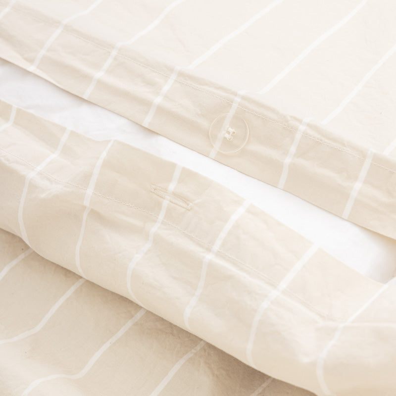 Housse De Couette En Percale De Coton Lavé 300 Fils - Rayures Beiges Blanches