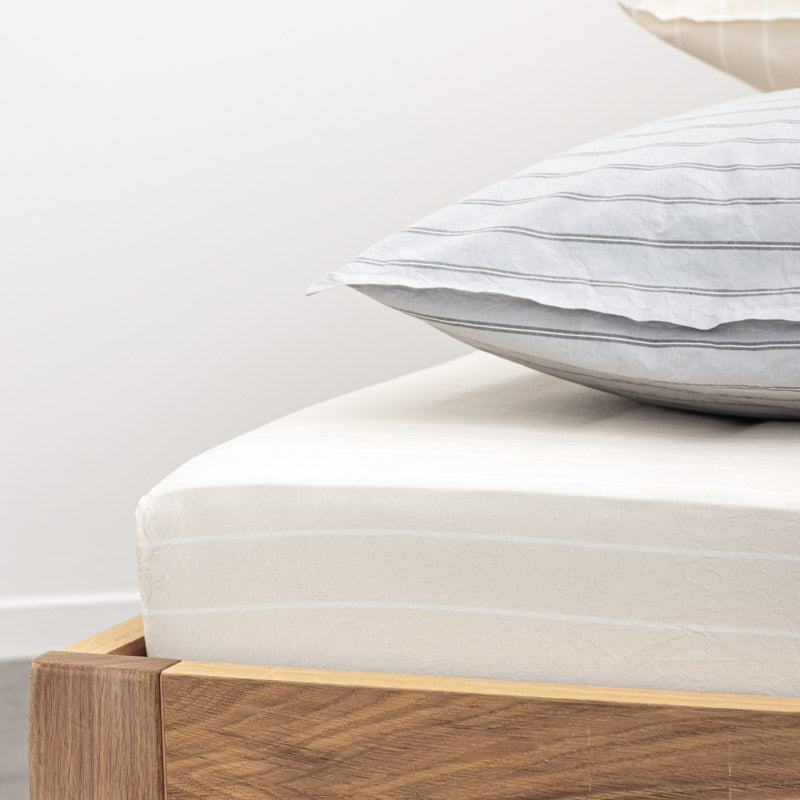 Drap Housse En Percale De Coton Lavé 300 Fils - Rayures Beiges Blanches