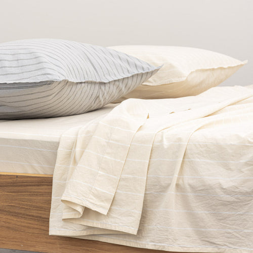 Drap Plat En Percale De Coton Lavé 300 Fils - Rayures Beiges Blanches