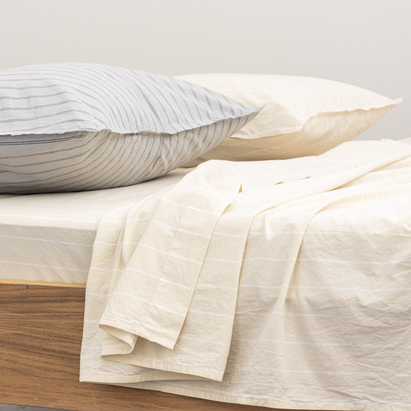 Drap Plat En Percale De Coton Lavé 300 Fils - Rayures Beiges Blanches