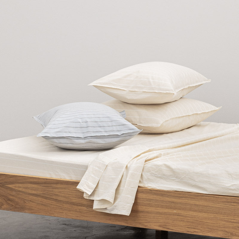 Drap Housse En Percale De Coton Lavé 300 Fils - Rayures Beiges Blanches