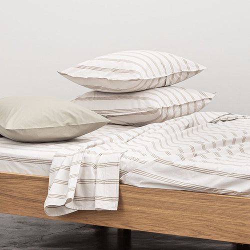 2 Taies D'Oreiller En Percale De Coton Lavé 300 Fils - Rayures Beiges Marrons