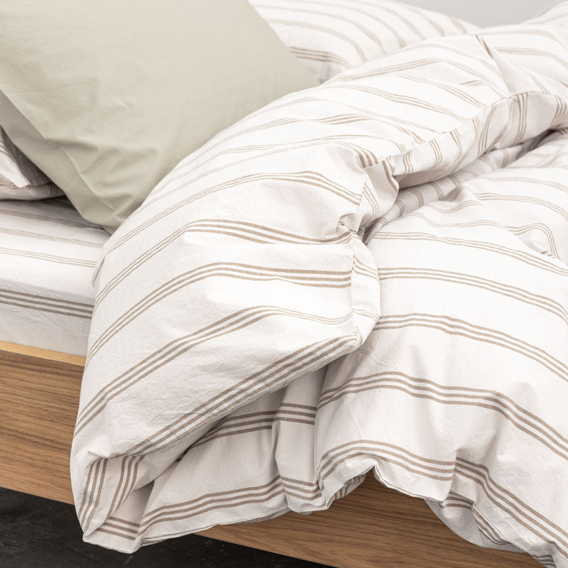 Housse De Couette En Percale De Coton Lavé 300 Fils - Rayures Beiges Marrons