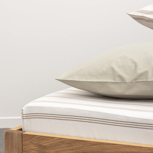 Drap Housse En Percale De Coton Lavé 300 Fils - Rayures Beiges Marrons