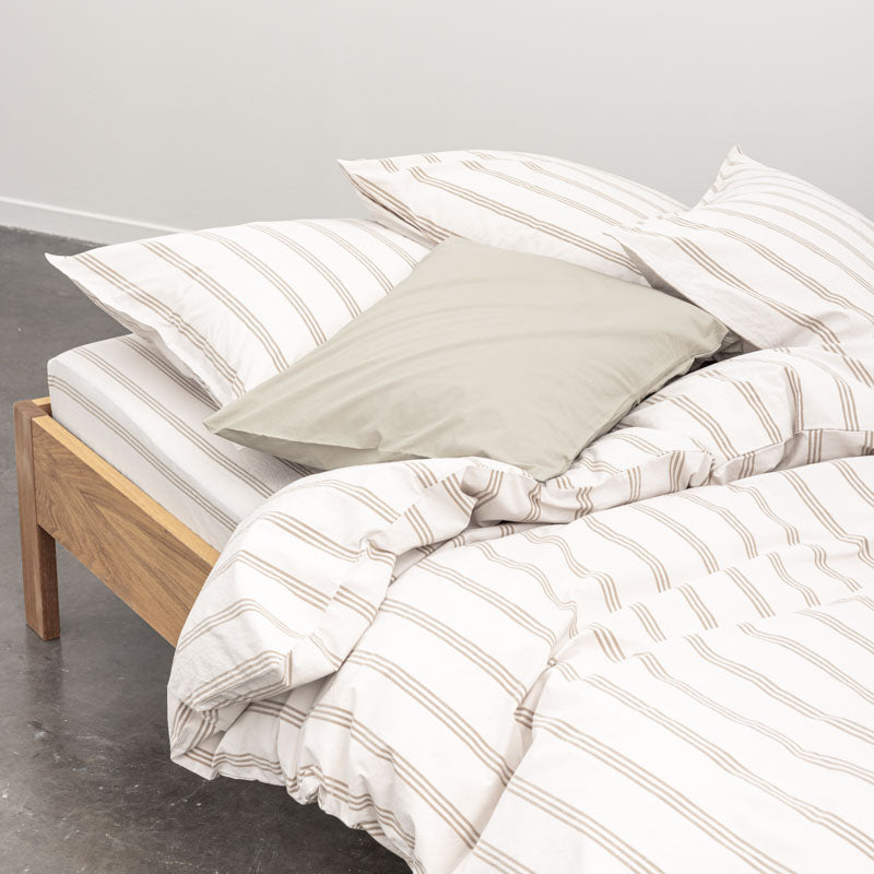 Drap Housse - En Percale De Coton Lavé 300 Fils - Rayures Beiges Marrons