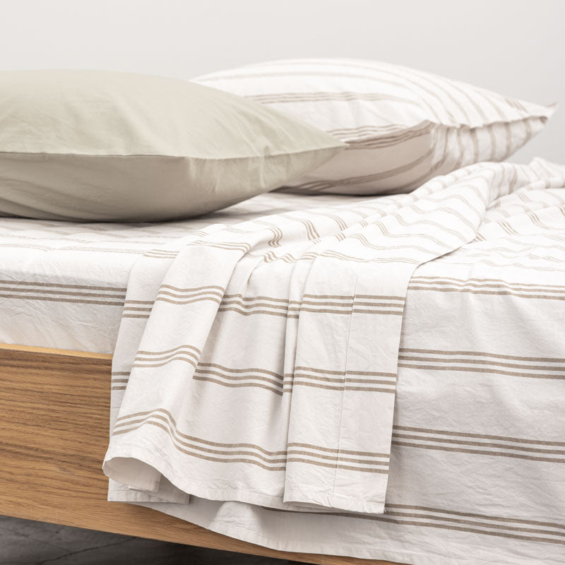 Drap Plat En Percale De Coton Lavé 300 Fils - Rayures Beiges Marrons