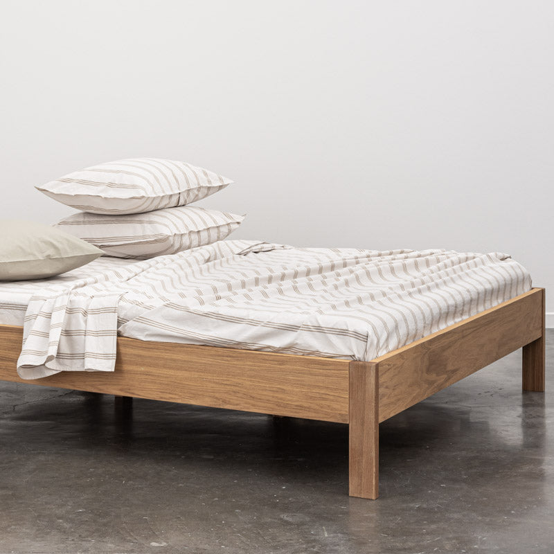 Drap Plat En Percale De Coton Lavé 300 Fils - Rayures Beiges Marrons