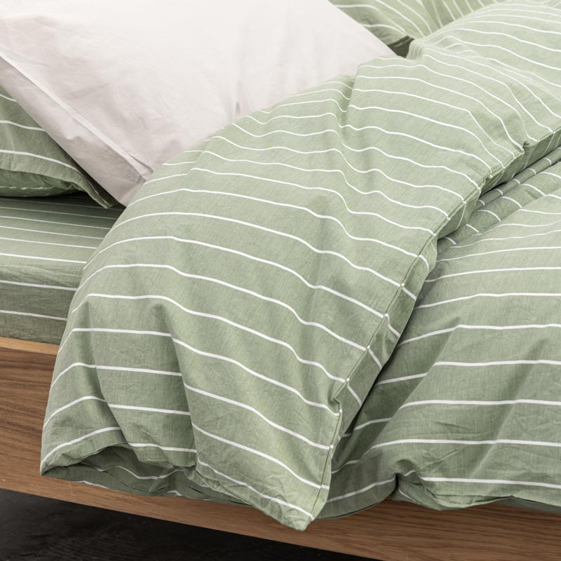 Housse De Couette En Percale De Coton Lavé 300 Fils - Rayures Vertes Blanches