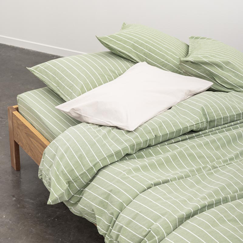 Housse De Couette En Percale De Coton Lavé 300 Fils - Rayures Vertes Blanches