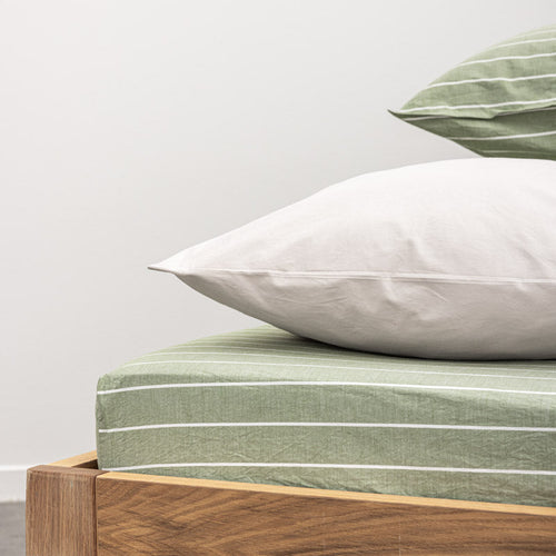 Drap Housse En Percale De Coton Lavé 300 Fils - Rayures Vertes Blanches