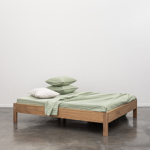 Drap Plat En Percale De Coton Lavé 300 Fils - Rayures Vertes Blanches