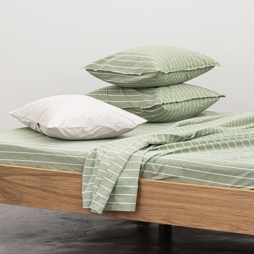 2 Taies D'Oreiller En Percale De Coton Lavé 300 Fils - Rayures Vertes Blanches