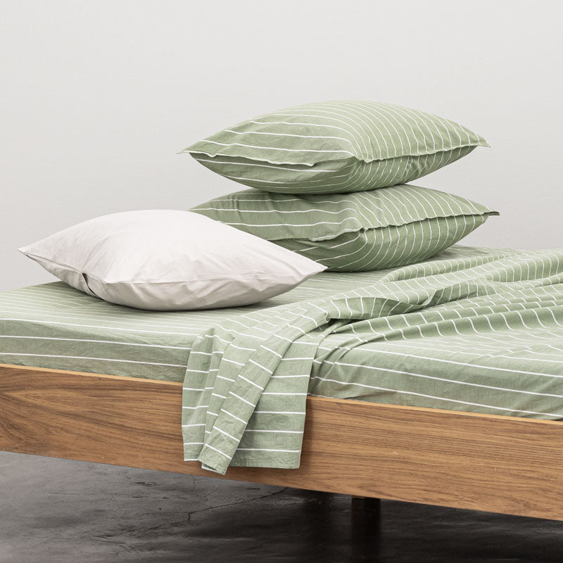 2 Taies D'Oreiller En Percale De Coton Lavé 300 Fils - Rayures Vertes Blanches