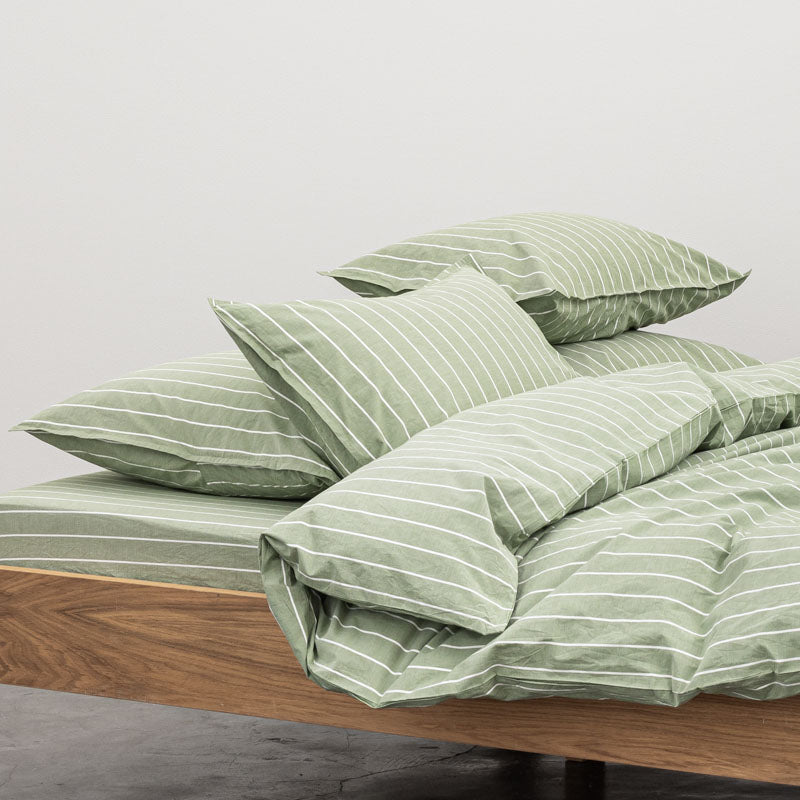 2 Taies D'Oreiller - En Percale De Coton Lavé 300 Fils - Rayures Vertes Blanches