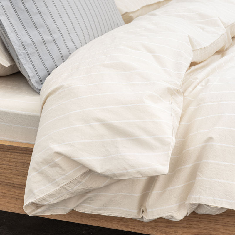 Housse De Couette En Percale De Coton Lavé 300 Fils - Rayures Beiges Blanches