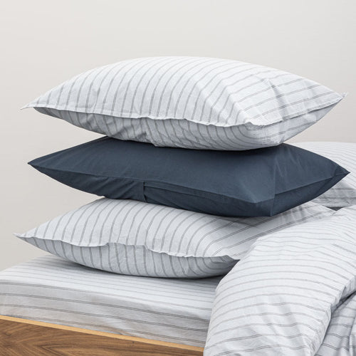 2 Taies D'Oreiller En Percale De Coton Lavé 300 Fils - Rayures Bleues Grises