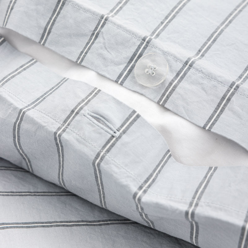 Housse De Couette En Percale De Coton Lavé 300 Fils - Rayures Bleues Grises