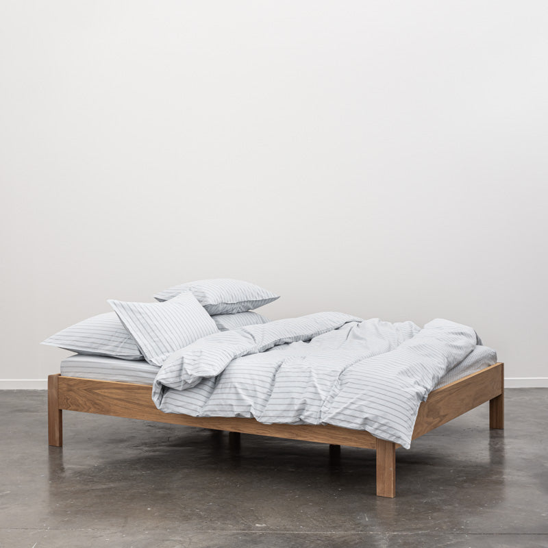 Housse De Couette En Percale De Coton Lavé 300 Fils - Rayures Bleues Grises