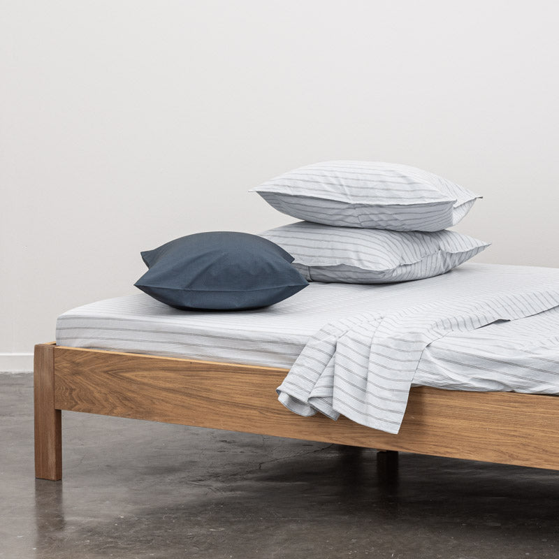 Drap Plat En Percale De Coton Lavé 300 Fils - Rayures Bleues Grises