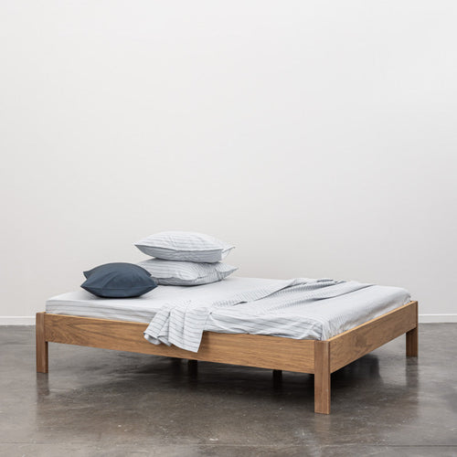 Drap Plat En Percale De Coton Lavé 300 Fils - Rayures Bleues Grises