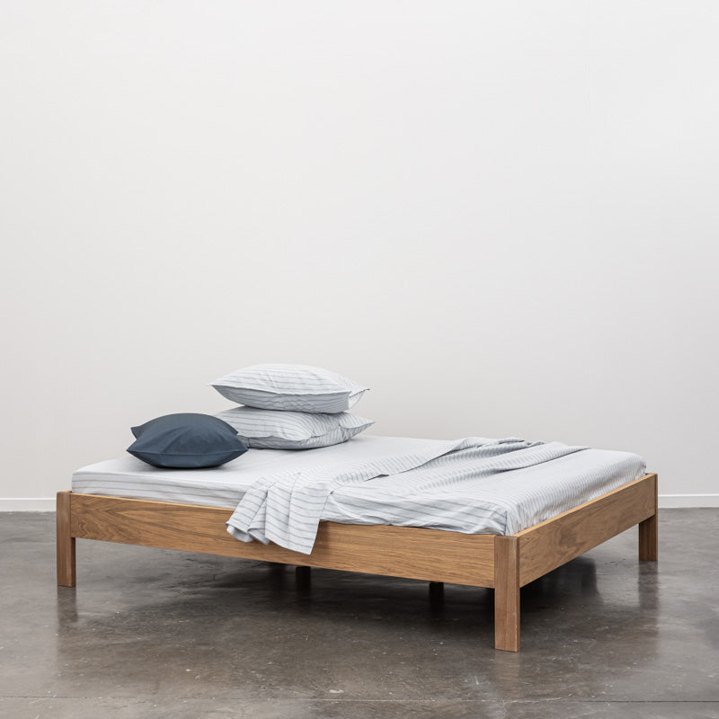 Drap Plat En Percale De Coton Lavé 300 Fils - Rayures Bleues Grises