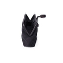 Petra Black Pouch Bag in suede leather with stone embroidery, showcasing its elegant open design.