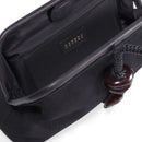 Inside view of the Petra Black Pouch Bag, featuring a suede leather interior and stylish detail.