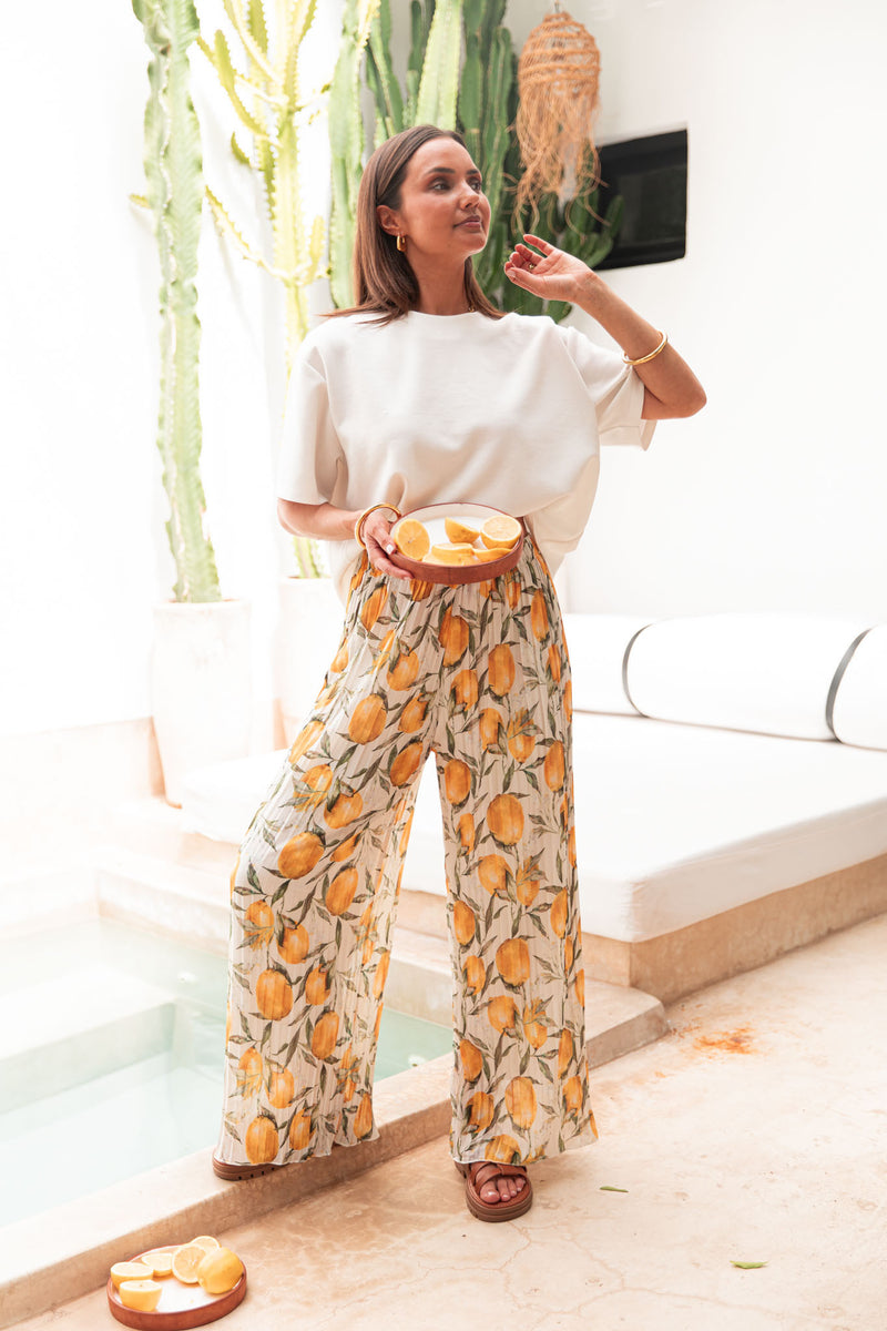 PIO Blanc11/Citrons - Pantalon Plissé