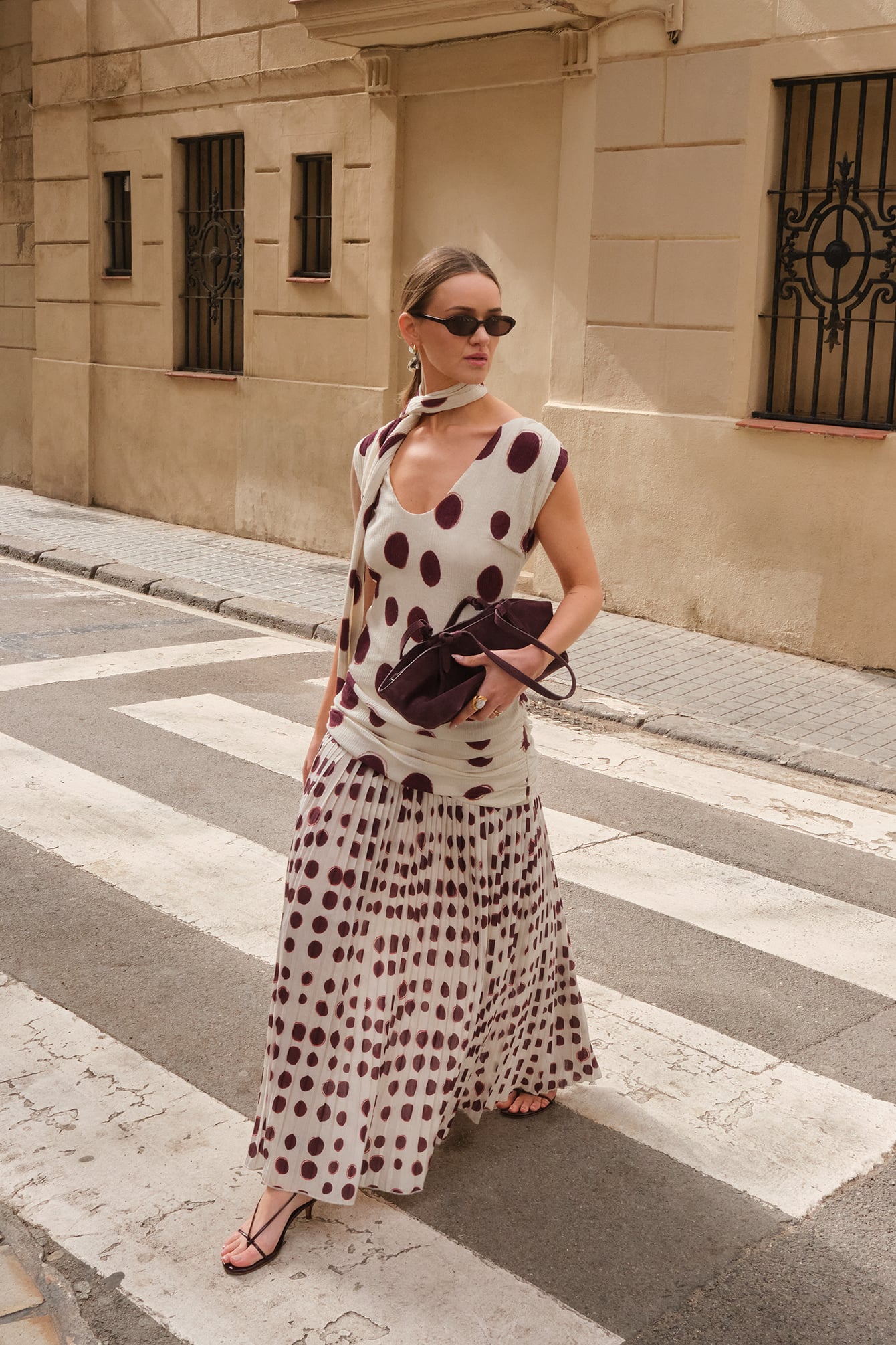 Pleated Skirt Maxi Dress With Scarf-All Over Print
