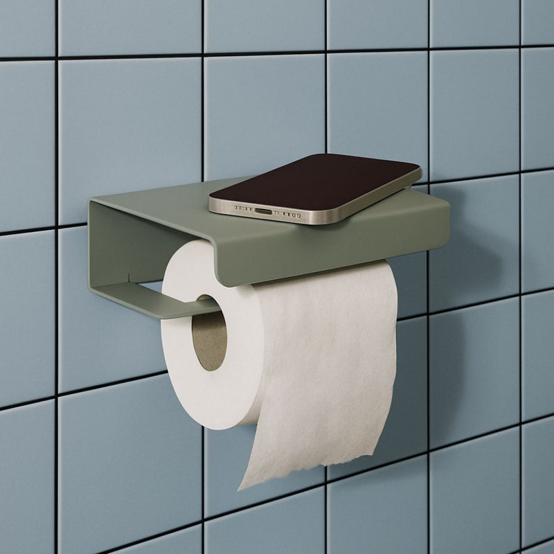 dérouleur papier toilette avec tablette design en aluminium pour poser accessoires et téléphone