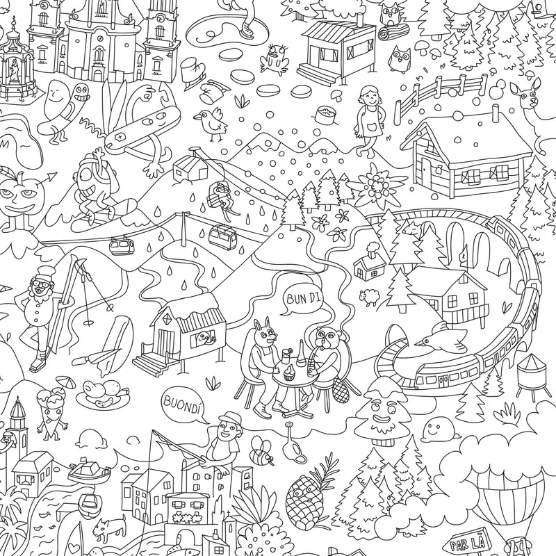 Détail illustré du poster géant à colorier avec les villes de Suisse et le lac Léman