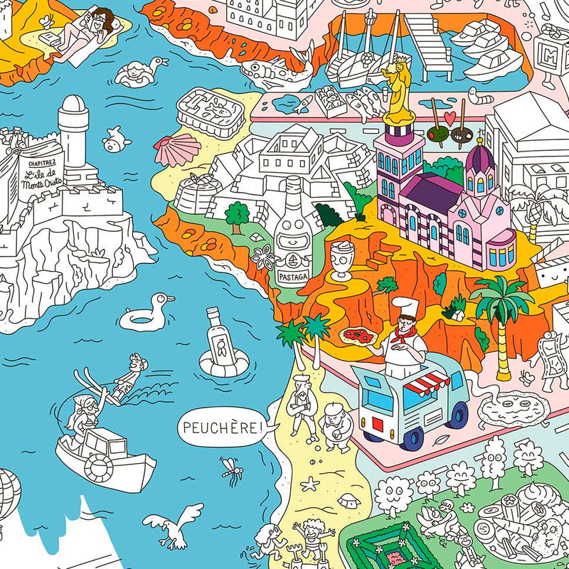 Illustration colorée du poster Marseille à colorier avec monuments célèbres et mer Méditerranée