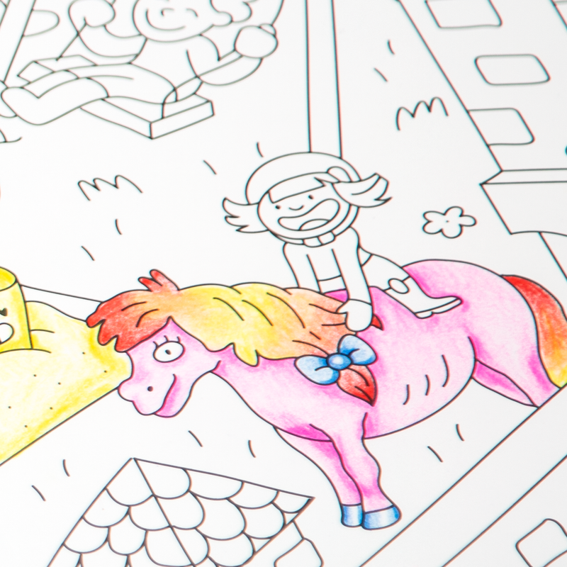Scène vivante et colorée du poster "Kids Life" OMY avec école, jeux et parc