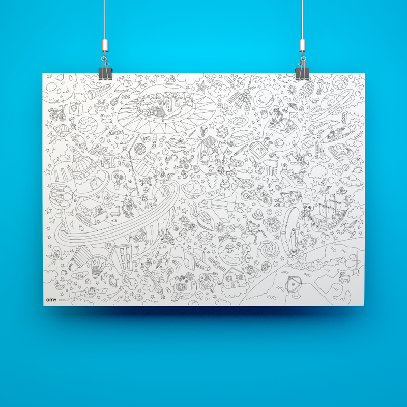 Poster à colorier Cosmos suspendu montrant les planètes, fusées et extraterrestres