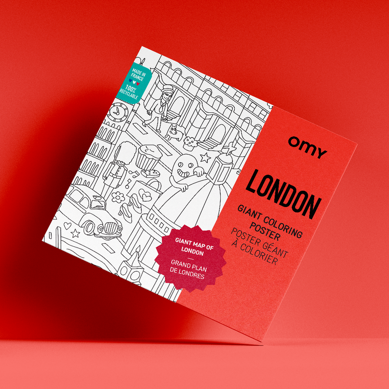 Poster géant à colorier Londres par OMY, packaging rouge avec plan de la ville en noir et blanc
