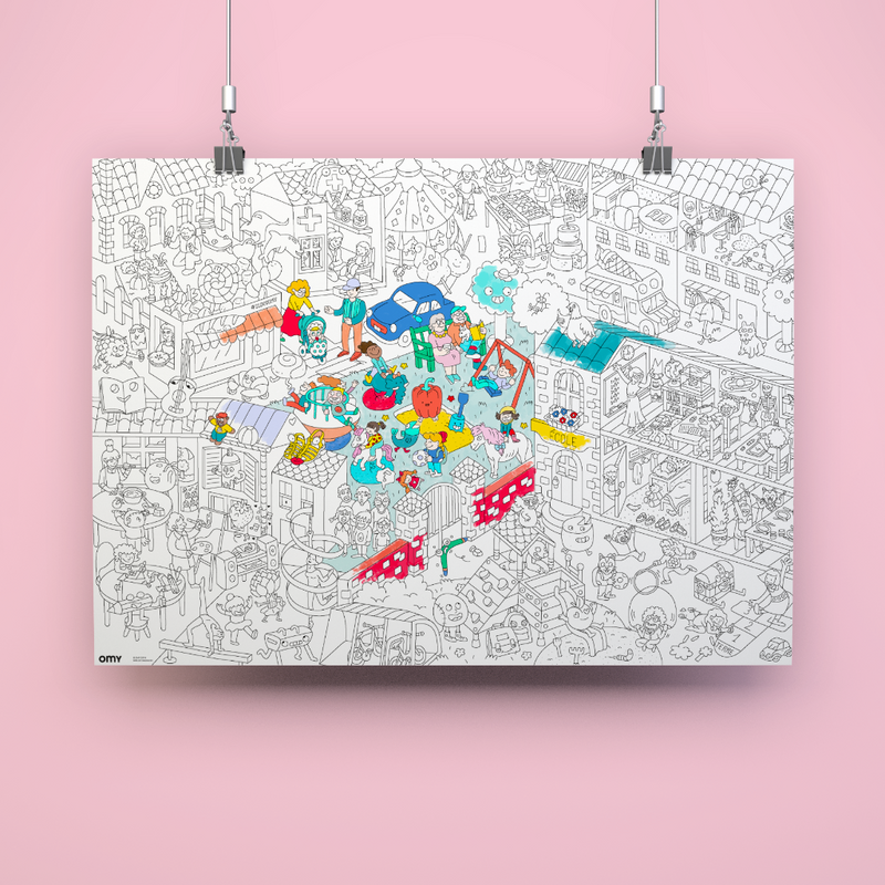 Poster à colorier "Kids Life" suspendu, version noir et blanc, plein de détails ludiques

