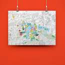 Poster Londres à colorier suspendu avec pinces rouges, carte de la ville illustrée pour enfants