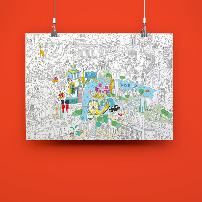 Poster Londres à colorier suspendu avec pinces rouges, carte de la ville illustrée pour enfants