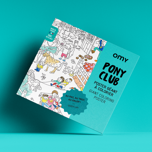 Packaging du poster géant à colorier Poney Club OMY sur fond turquoise, avec illustrations de chevaux et cavaliers.