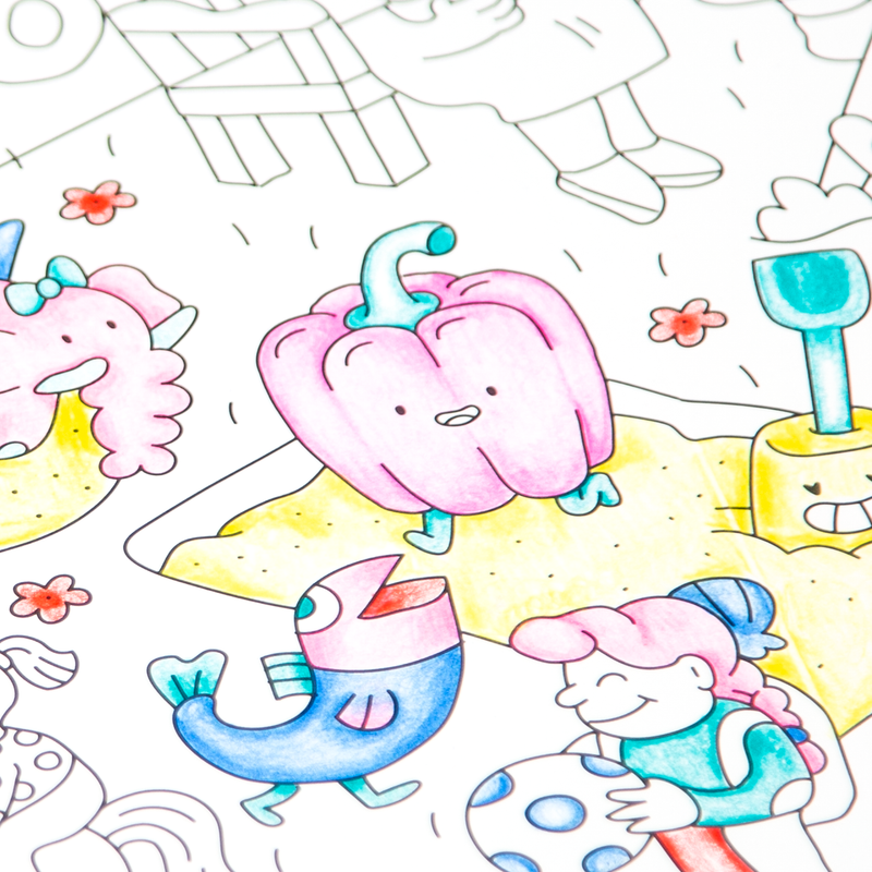 Zoom sur le poster géant "Kids Life" en cours de coloriage avec une petite fille dessinée