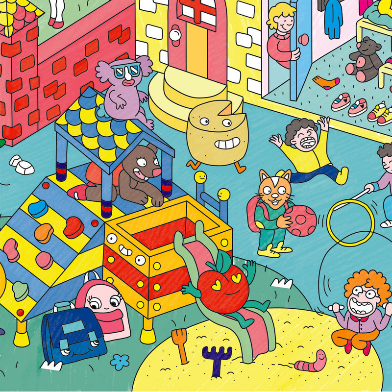 Poster "Kids Life" OMY entièrement colorié, vue globale des détails enfantins et colorés