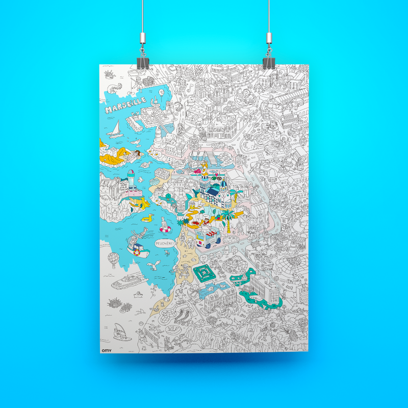 Poster Marseille géant à colorier suspendu au mur, idéal pour décoration d’enfant