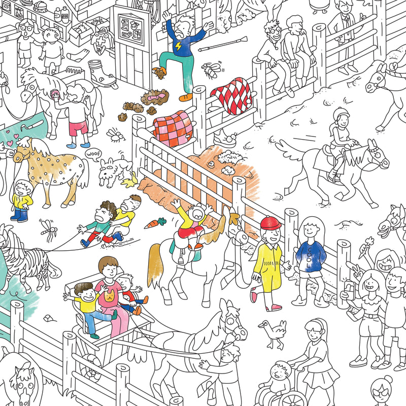 Poster Poney Club partiellement colorié avec scènes d’activités équestres, chevaux et cavaliers.