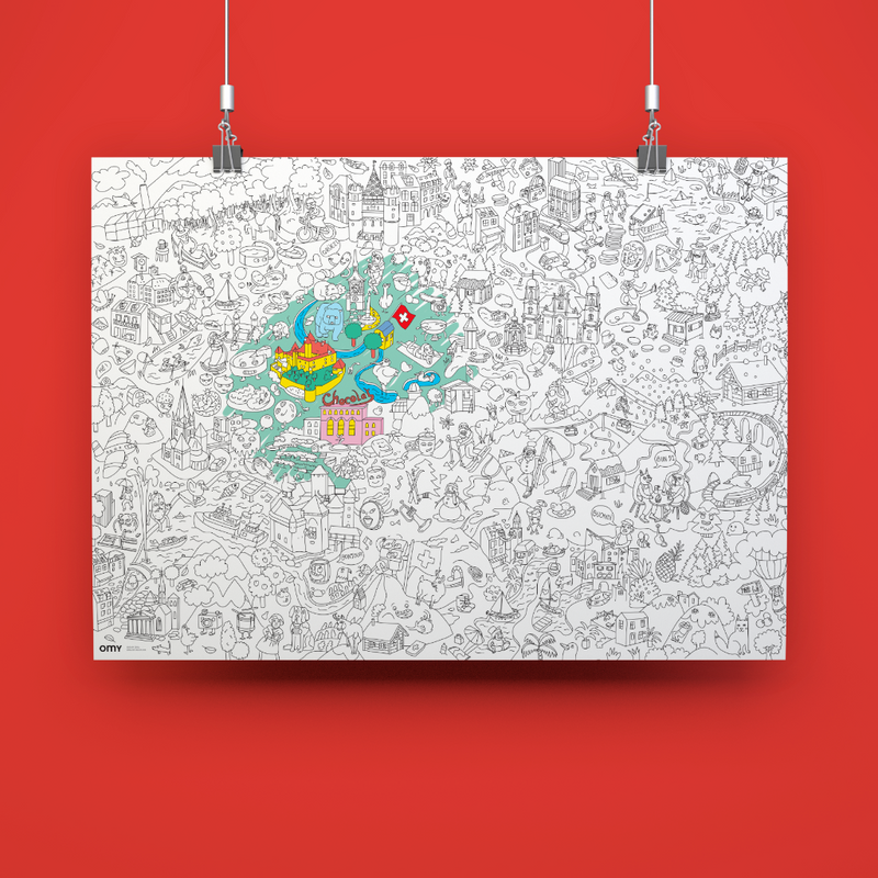 Poster Switzerland géant à colorier accroché au mur, idéal pour chambre d’enfant suisse