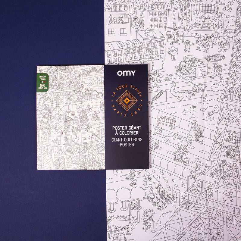 Présentation du poster OMY "Tour Eiffel" avec pochette et aperçu du visuel à colorier