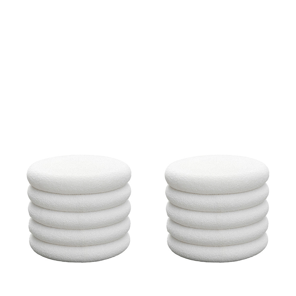 Bubble - Set of 2 Round Storage Ottomans - Bouclé Fabric - White