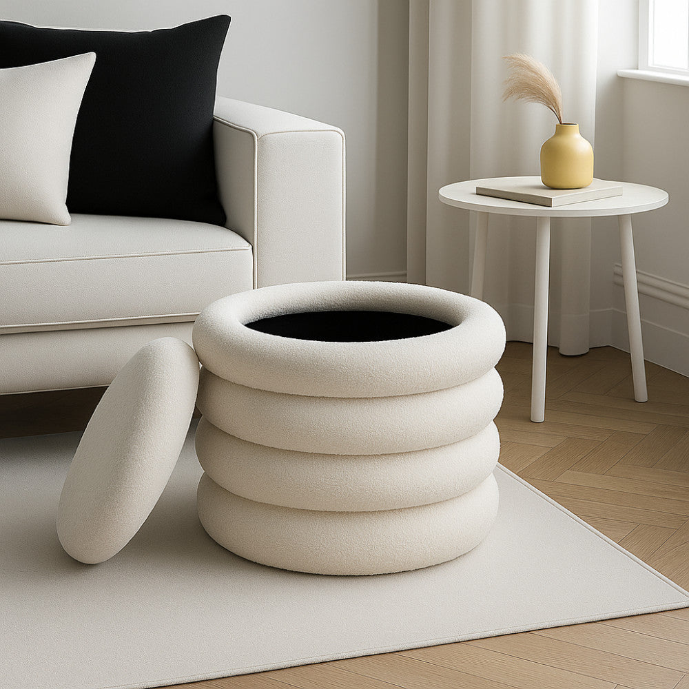 Bubble - Set of 2 Round Storage Ottomans - Bouclé Fabric - White